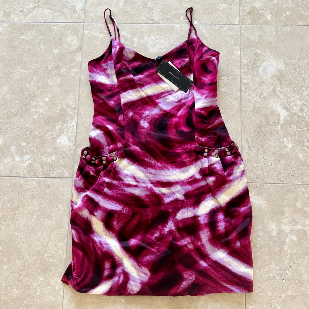 NWT BCBGMaxAzria Boysenberry Satin Mini Dress with Spaghetti Straps, Size 2